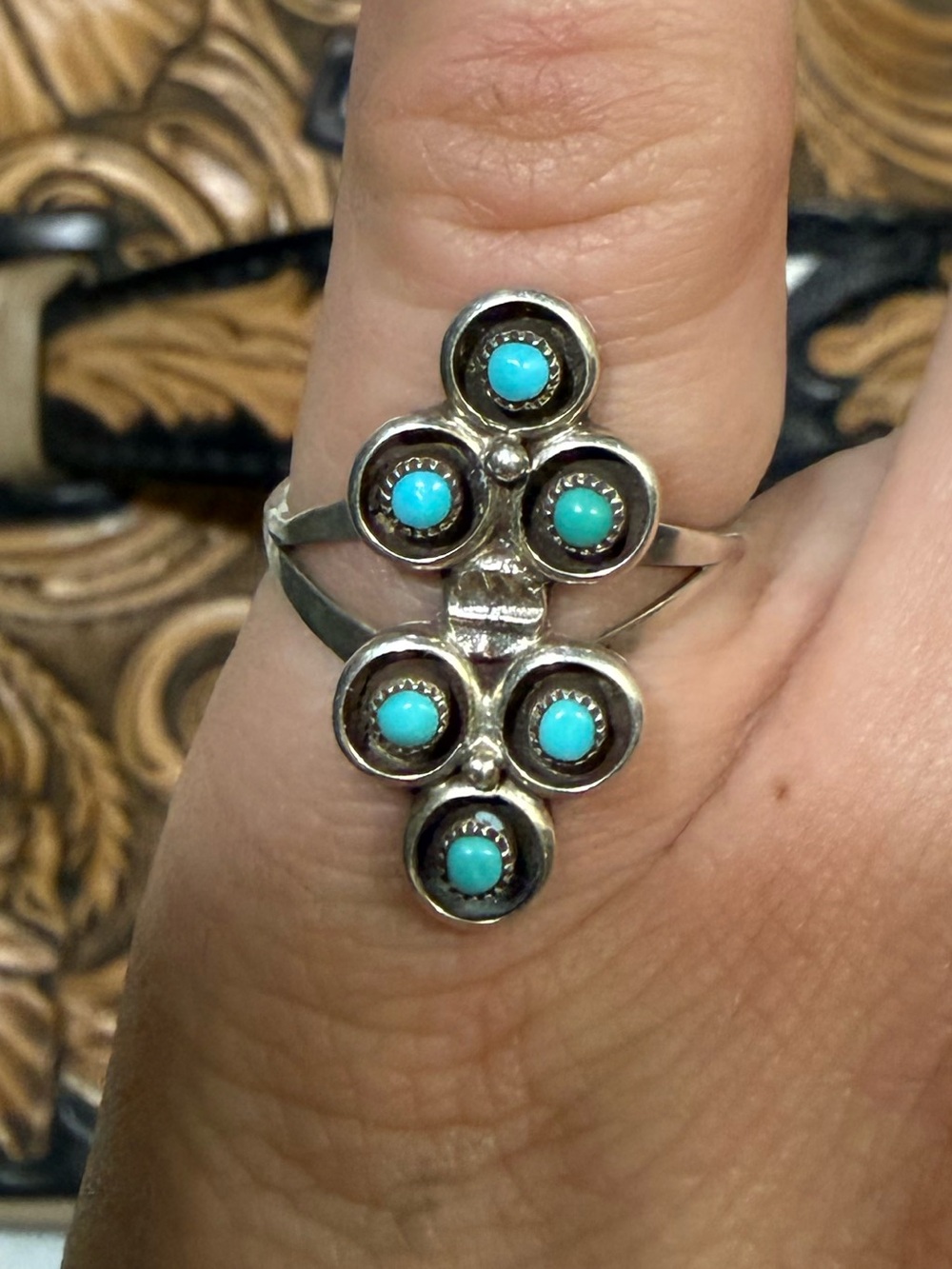 Vintage Zuni Snake Eyes Sterling-Style Turquoise Cluster Ring